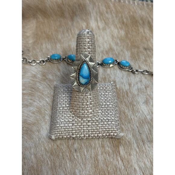 Native American SW Sterling Silver Blue Ice Dahlia Tear Drop Ring Adj🩵Stamped - Picture 9 of 10